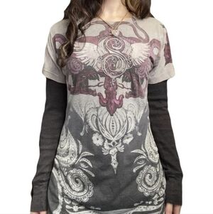 Y2K Sinful by Affliction  Grunge Cross wings purple/white T-shirt woman's Medium